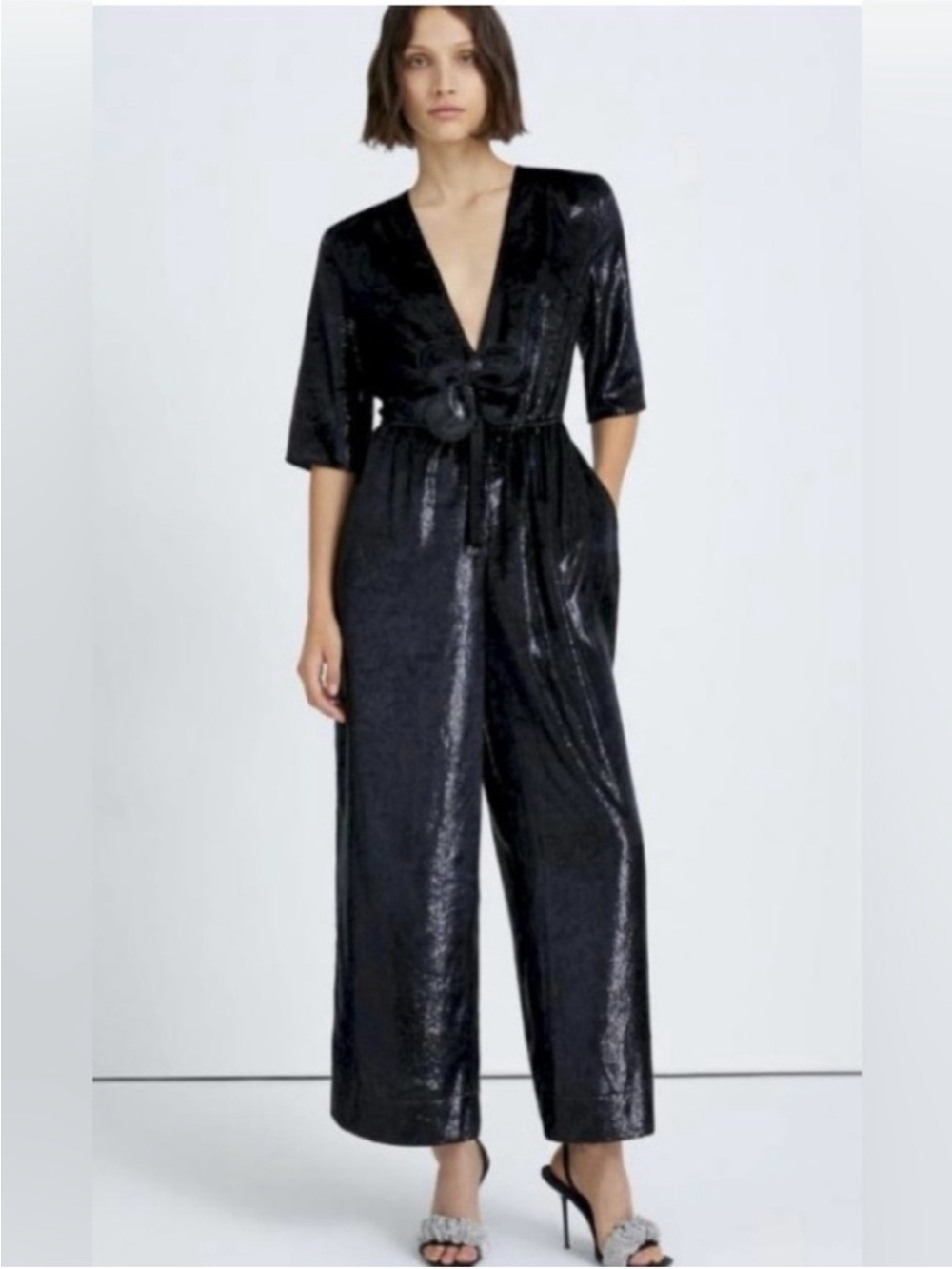 7 For All Mankind Black Shimmer V-Neck Jumpsuit